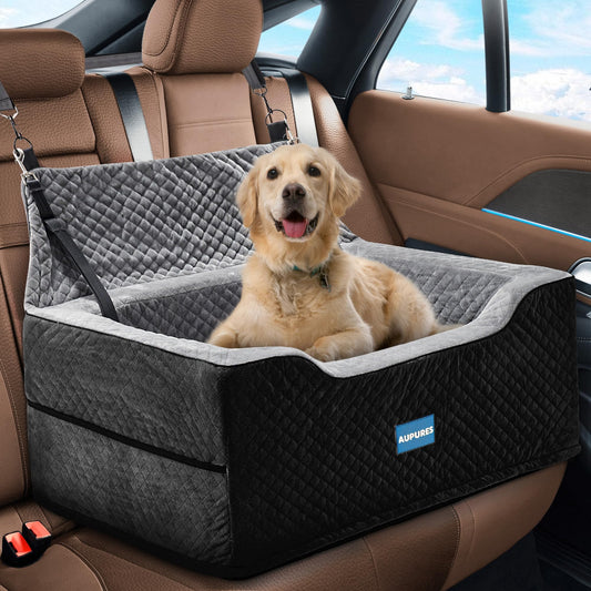 Asiento de Coche para Perros Aupures - Asientos de Coche Perfectos para Perros de Tamaño Mediano y Grande hasta 25 kg, Asiento Elevador para Dos Perros Pequeños con Altura Ajustable, Transportador de Coche para Perros en Tela (Negro/Gris)